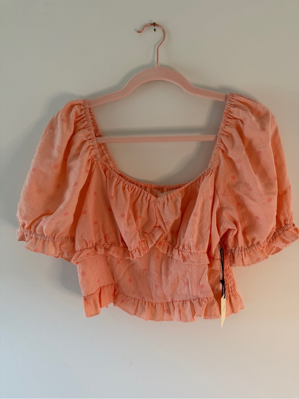 NWT Suite 2939 Peach Gingham Puff Sleeve Ruffle Crop Top Size L Fits Small